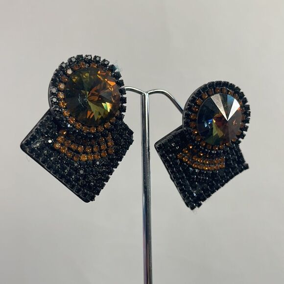 Roxanne Assoulin Signed Vintage Amber Black Clip On Earrings - Picture 2 of 4